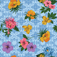 Sicilian style seamless pattern with hand drawn flower and leaves