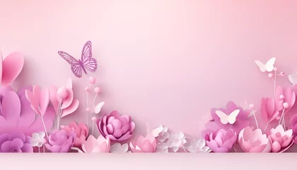 Fototapeten Pink Floral Background with Delicate Butterflies and Leaves © Alienmonster
