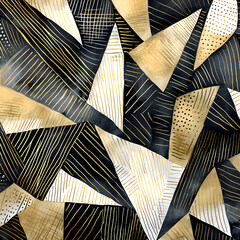 Modern abstract geometric gold textured lines and black watercolor patterns. 