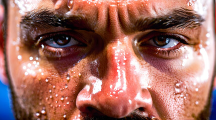 Sweat pours out of a man's face due to the exercise he is doing in the gym. Man sweating profusely. Close-up illustration view