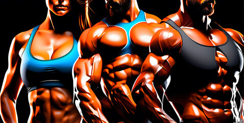 Athletic muscular torsos of woman and man on a black background. Design concept for a gym or fitness.