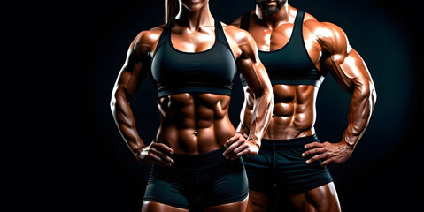 Athletic muscular torsos of woman and man on a black background. Design concept for a gym or fitness.