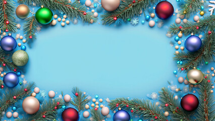 Fototapeta na wymiar Fundo natalino azul com galhos de pinheiro e bolas de Natal coloridas ao redor. Espaço para texto.