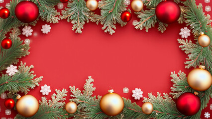 Fototapeta na wymiar Fundo natalino vermelho com enfeites ao redor do quadro. Galhos de pinheiro e bolas de natal. Com espaço para texto.