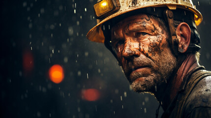 portrait of a dirty miner in a helmet on a dark background.Generative AI - obrazy, fototapety, plakaty