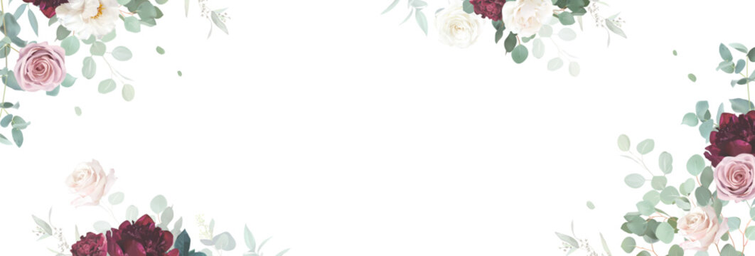 Burgundy red peony, white pale rose, blush pink flowers vector design invitation banner frame