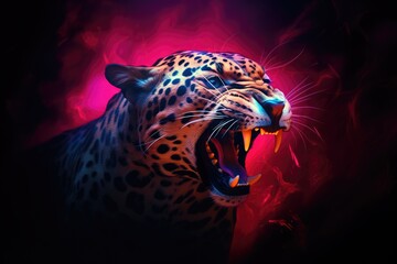 Roaring leopard on black background with neon pink light. Angry big cat, aggressive jaguar attacking. Animal for poster, print, card, banner
