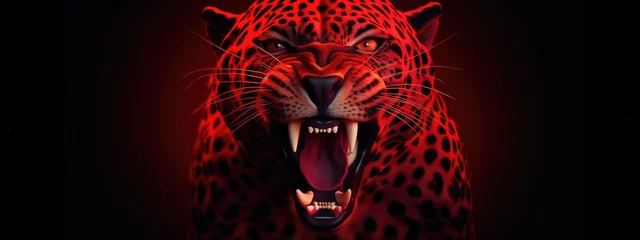 Peel and stick wall murals Leopard Roaring leopard on black background with neon red light. Angry big cat, aggressive jaguar attacking. Animal for poster, print, card, banner