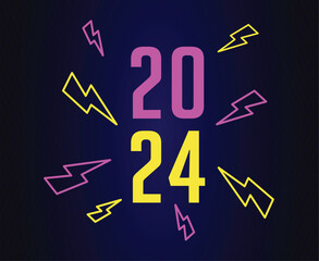 2024 Happy New Year Holiday Neon Yellow And Purple Graphic Design Abstract Vector Logo Symbol Illustration With Blue Background