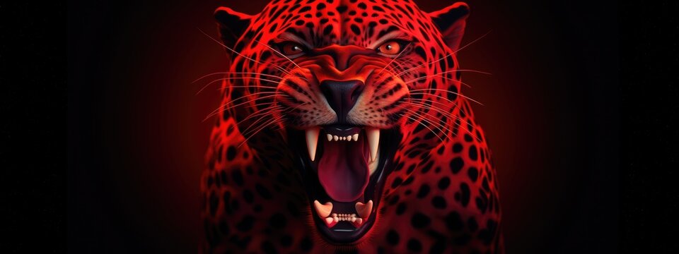 Roaring leopard on black background with neon red light. Angry big cat, aggressive jaguar attacking. Animal for poster, print, card, banner