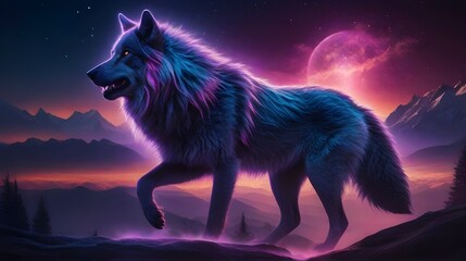 Giant gray alpha wolf wandering in the night through a mountainous region with a red moon in the background