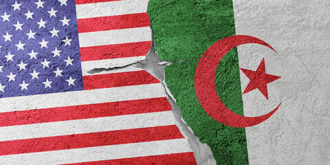 USA and Algeria flags on a stone wall with a crack, illustration of the concept of a global crisis...