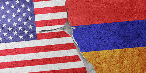 USA and Armenia flags on a stone wall with a crack, illustration of the concept of a global crisis...