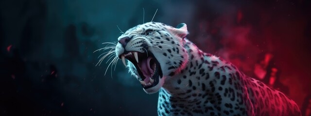Roaring white leopard on black background with neon blue and pink light. Angry big cat, aggressive jaguar attacking. Animal for poster, print, card, banner - obrazy, fototapety, plakaty