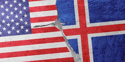 USA and Iceland flags on a stone wall with a crack, illustration of the concept of a global crisis...