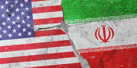 USA and Iran flags on a stone wall with a crack, illustration of the concept of a global crisis in political and economic relations