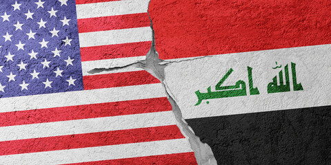 USA and Iraq flags on a stone wall with a crack, illustration of the concept of a global crisis in...
