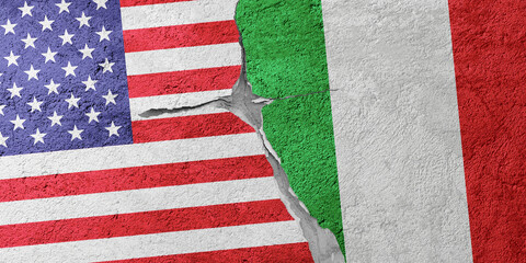 USA and Italy flags on a stone wall with a crack, illustration of the concept of a global crisis in...