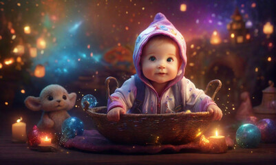 A Little Baby in a Magical Forest with Cute Children's Book illustration image