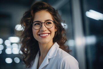Fototapeta premium Young female research scientist in well-lit lab, wearing white coat and smiling