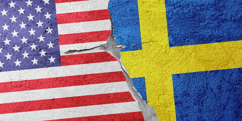 USA and Sweden flags on a stone wall with a crack, illustration of the concept of a global crisis...