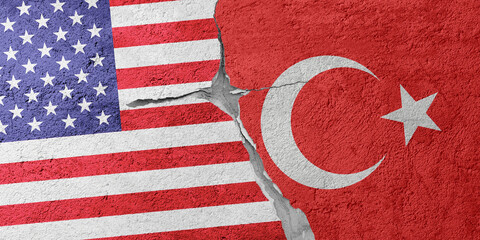 USA and Turkey flags on a stone wall with a crack, illustration of the concept of a global crisis...