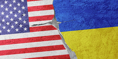 USA and Ukraine flags on a stone wall with a crack, illustration of the concept of a global crisis...