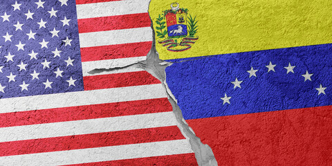 USA and Venezuela flags on a stone wall with a crack, illustration of the concept of a global...
