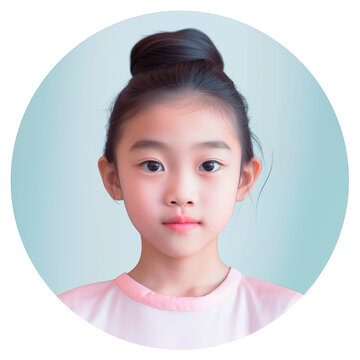 Asian modern little girl. Portrait of a child in a circle for user pic and profile picture. Isolated on a transparent background.