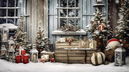 Vintage Christmas outdoor scene with gifts and baubles covered in snow.