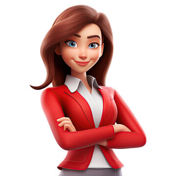 3D Cute cartoon woman character. Cartoon businesswoman wearing red suit on transparent background. Generative AI