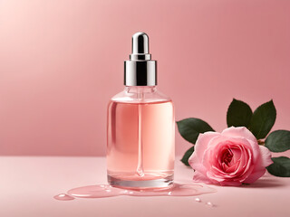 Obraz na płótnie Canvas Stylish Cosmetic serum mockup with rose extract. Glass bottles with pipette dispenser on pink background with natural shadows. Beauty and care concept.