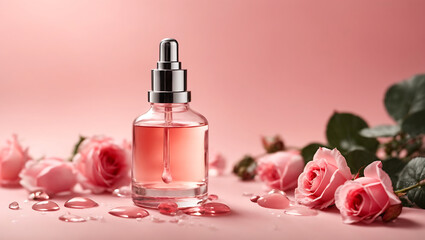 Stylish Cosmetic serum mockup with rose extract. Glass bottles with pipette dispenser on pink background with natural shadows. Beauty and care concept.