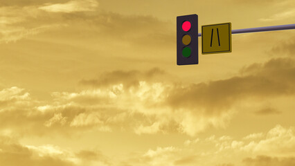 A hanging traffic sign post with gold twilight sky in a evening (3D Rendering)
