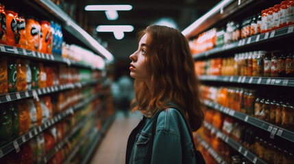 A woman comparing products in a grocery store - obrazy, fototapety, plakaty