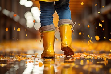 photo of boy walking in puddles wearing raincoat and yellow wellies. reflections in the rain. boy splashing. generated with ia