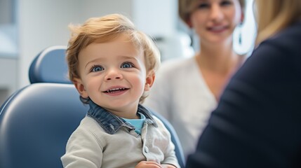 Close up photo of a cute blue eyed male toddler child in a dentist chair smiling at doctor - Powered by Adobe