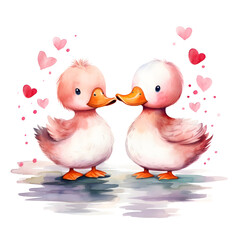 Lovely couple duck in valentine day, watercolor illustration 