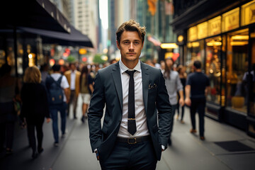 Fototapeta premium A young handsome businessman in a suit walking confidently on a busy city street.