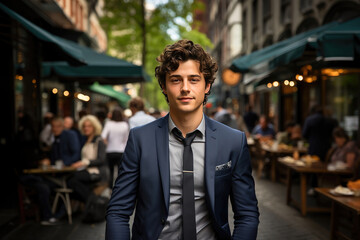 Casual portrait of a smiling young man in a stylish suit standing on a busy urban street lined with cafes.