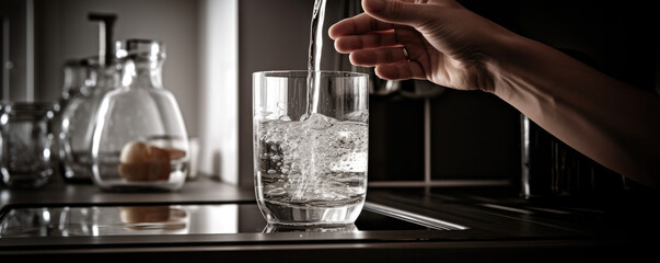 Filling up a glass with drinking water from kitchen tap - obrazy, fototapety, plakaty