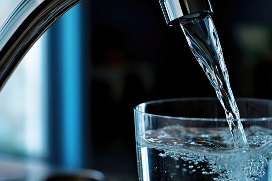 Filling up a glass with drinking water from kitchen tap