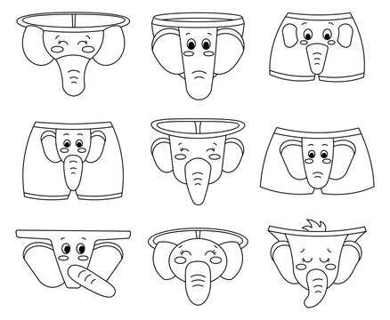 Kawaii men elephant g-string. Coloring Page. Funny underwear pants characters. Thong, bikini, briefs, boxer, trunks. Hand drawn style. Vector drawing. Collection of design elements.