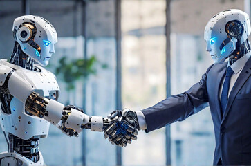 Two robots shaking hands in a modern office. The concept of business cooperation.