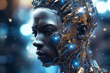 Cyborg or digitally improved human. Artificial intelligence and technology concept with advanced woman.