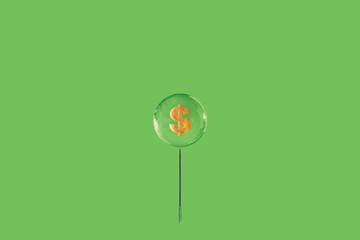 Dollar Symbol, Bubble and Needle. Concept of Economic Bubble. Market Bubble, Business Risk, Risky Investment