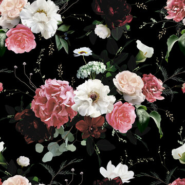 Elegant fall dark pattern, arranged from autumn leaves and flowers. Pink garden rose, white peony, hydrangea, ranunculus