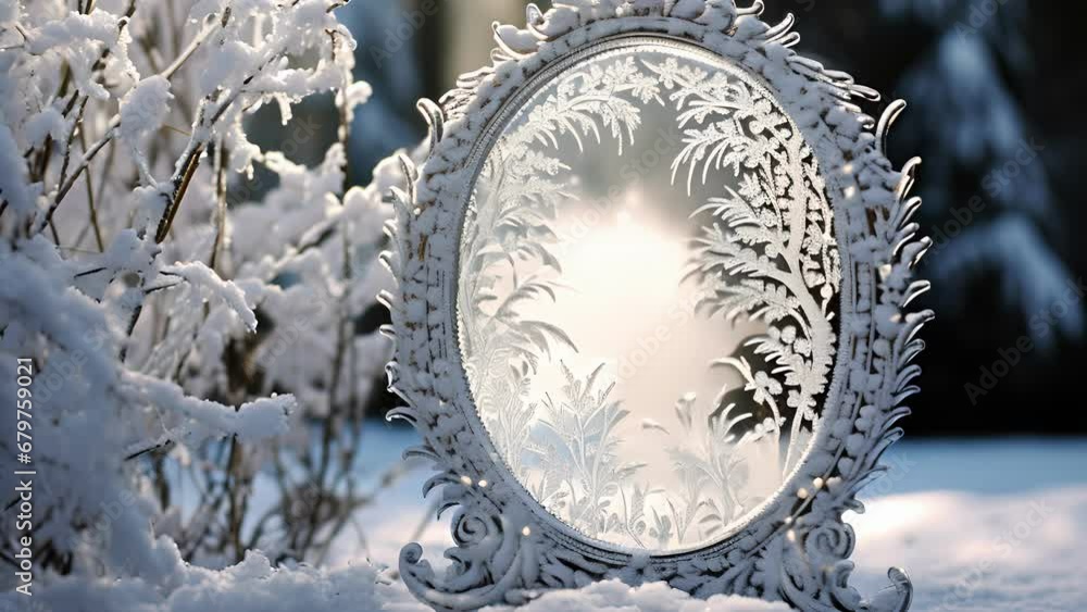 Poster the intricate frost designs on a mirror, adding a touch of elegance and mystery to the reflection.