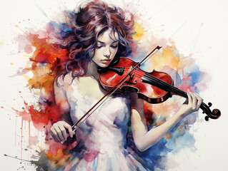 garota tocando violino arte aquarela  - obrazy, fototapety, plakaty