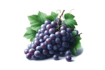 A bunch of purple grapes with grape leaves on a white background.with AI generated